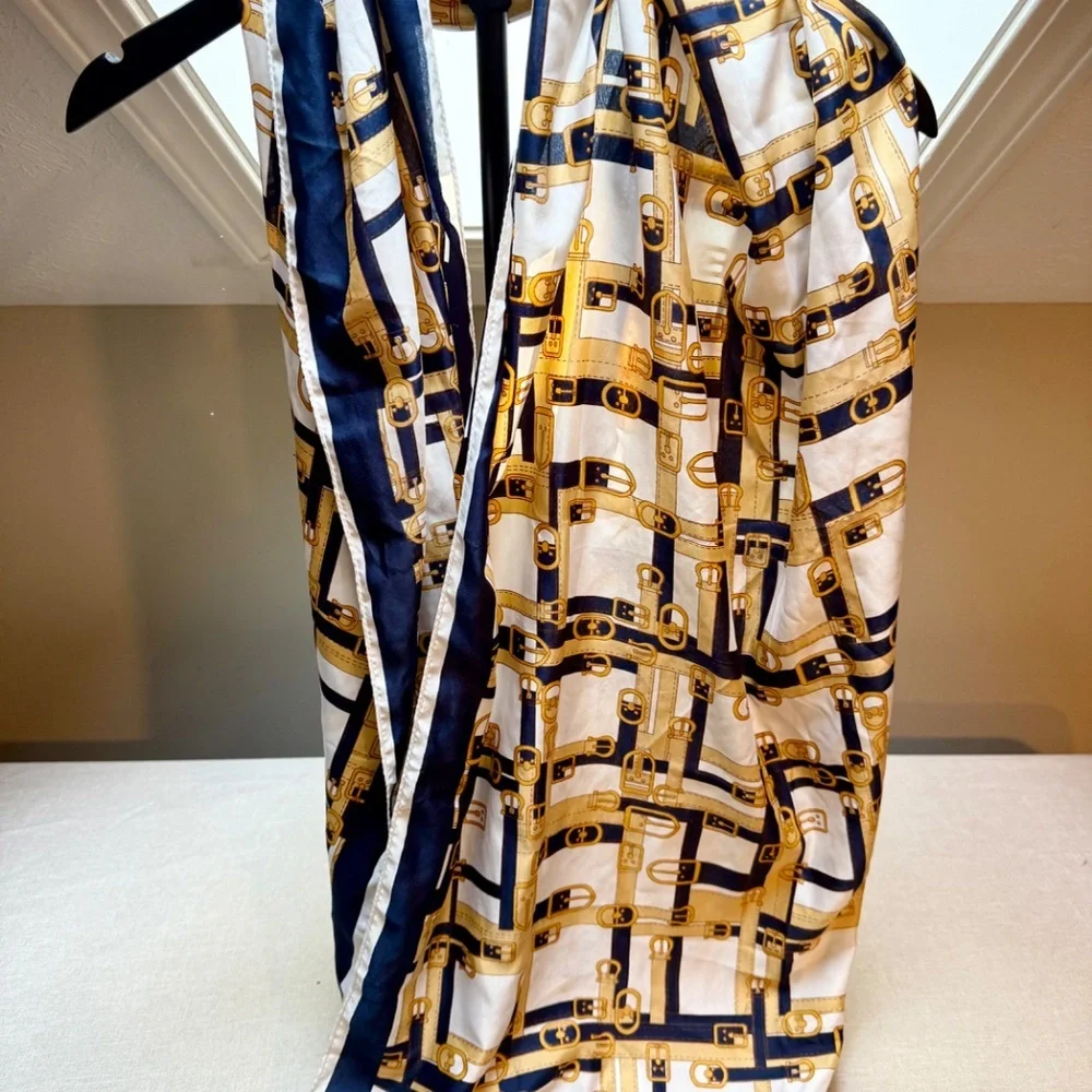 Large Vintage Equestrian Belts Scarf White Navy Gold
